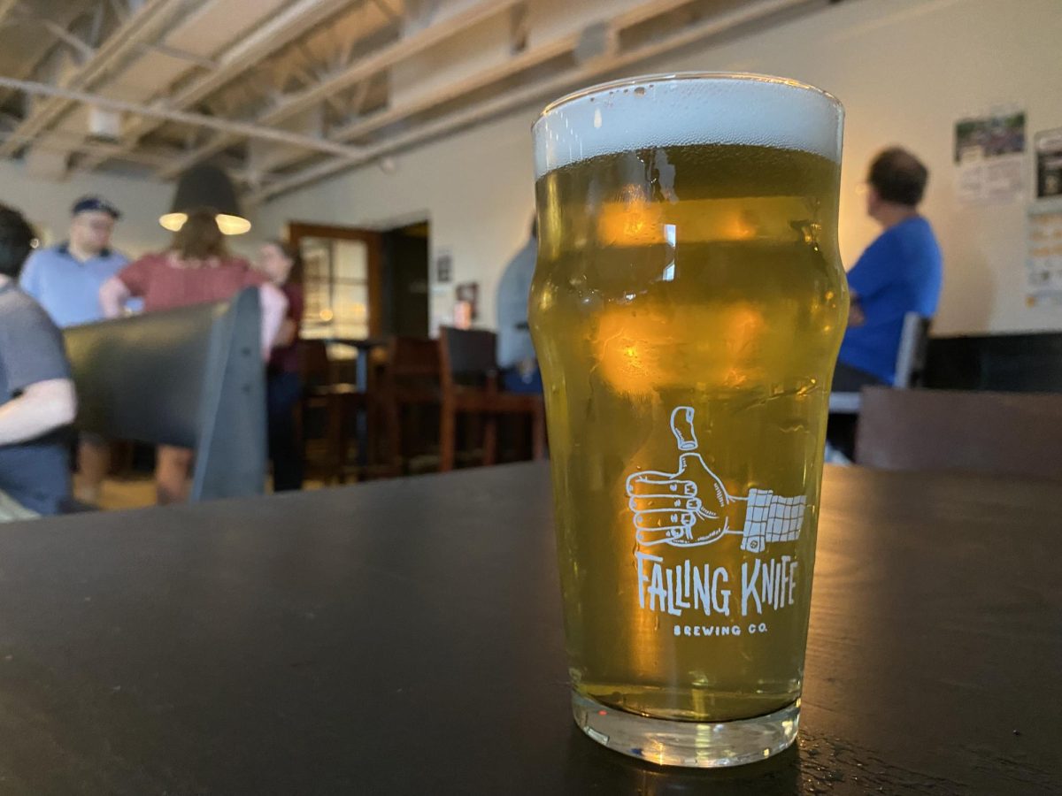 A glass of Tomms lager on draft in the Falling Knife taproom.